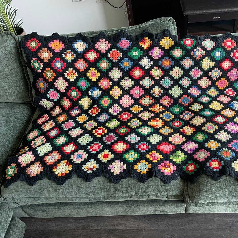 Granny Square Hand Made Crotchet Blanket Black/Colorful 58x36